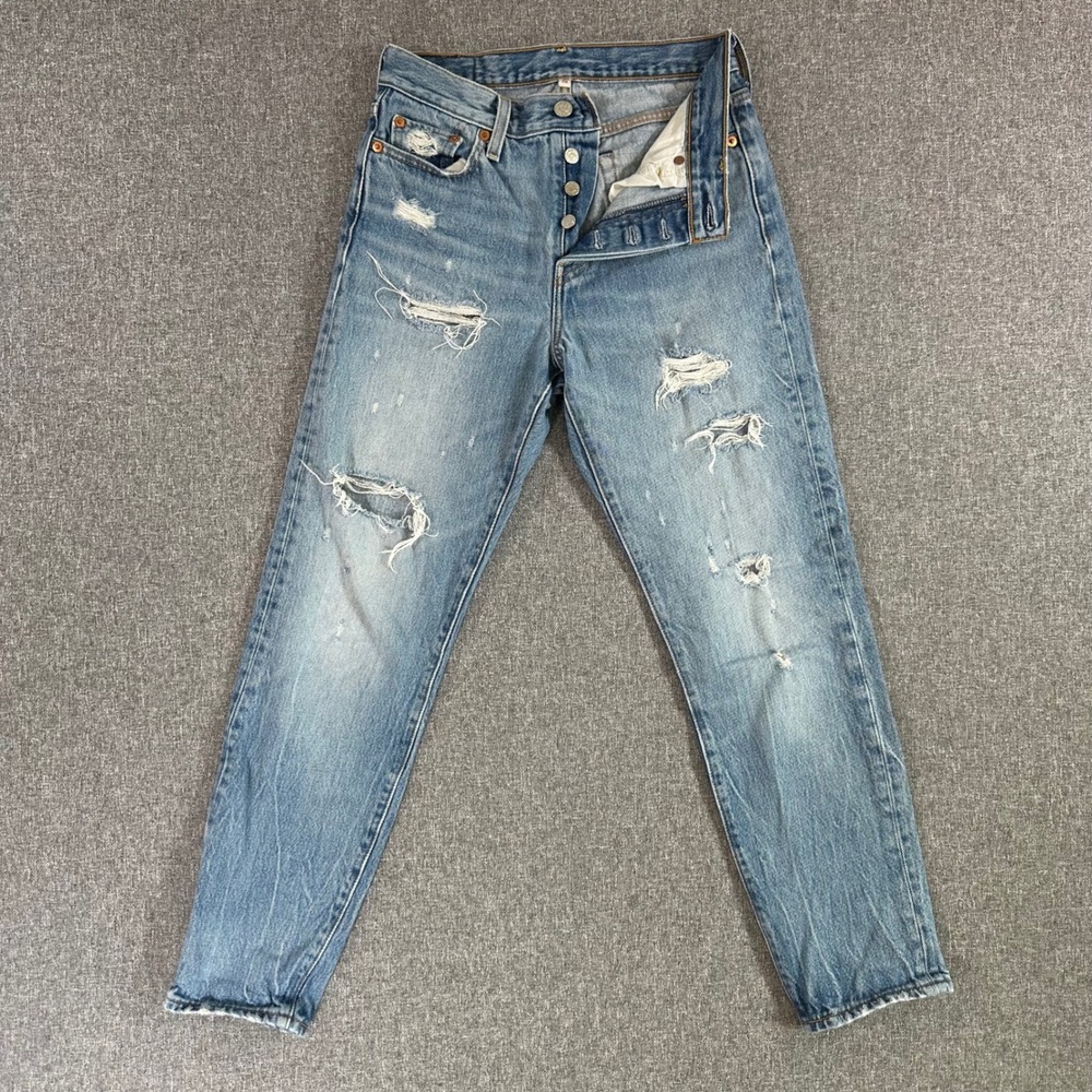 Levis 501 Taper Jeans Womens 26 Distressed Light Wash Blue Denim High Rise 22861